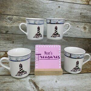 Totally Today COASTAL LIGHTHOUSE Center & Rim Stoneware 8 oz Cups Mugs Set of 4